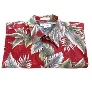 Pierre Cardin 100% Cotton Aloha Shirt in Red & Gray Tropical Plant Print in XLT